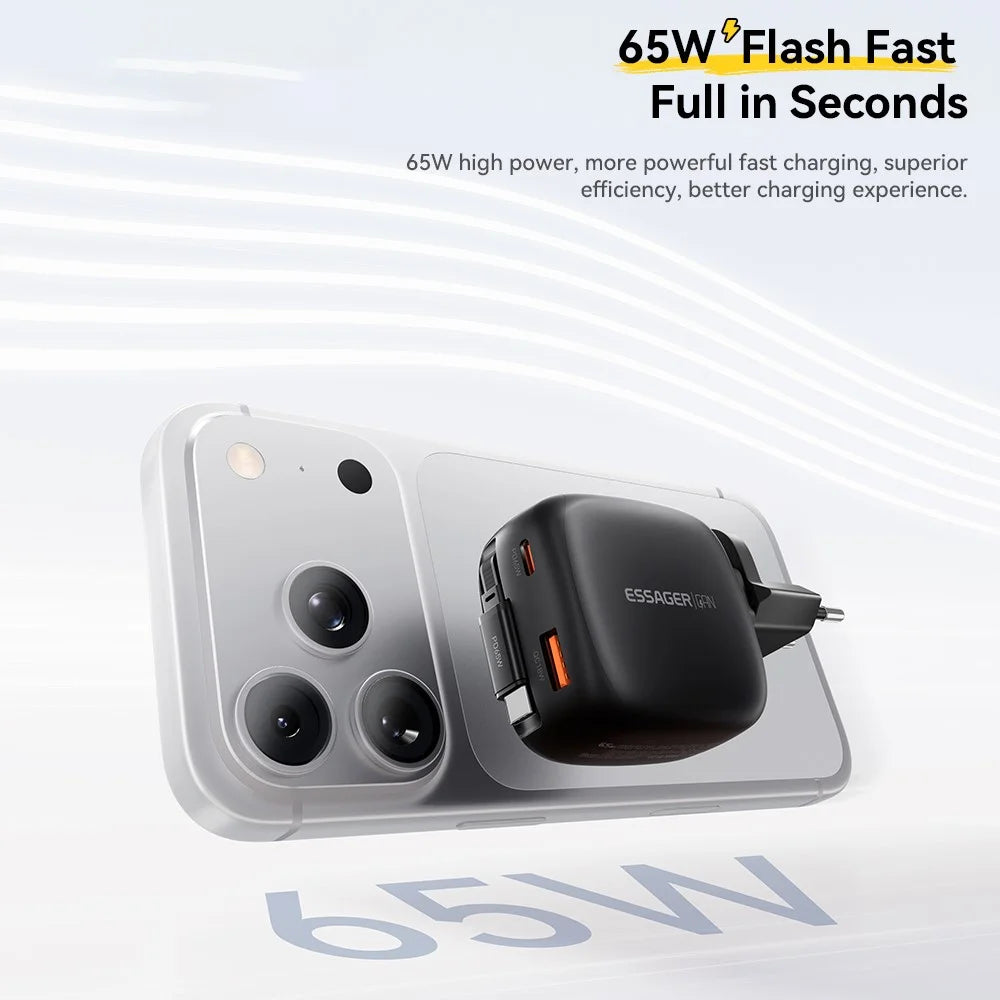 ESSAGER 65W Fast Charging GaN Travel Charger Type-C + USB-A Power Adapter with Retractable Cable - EU Plug / Black - 4