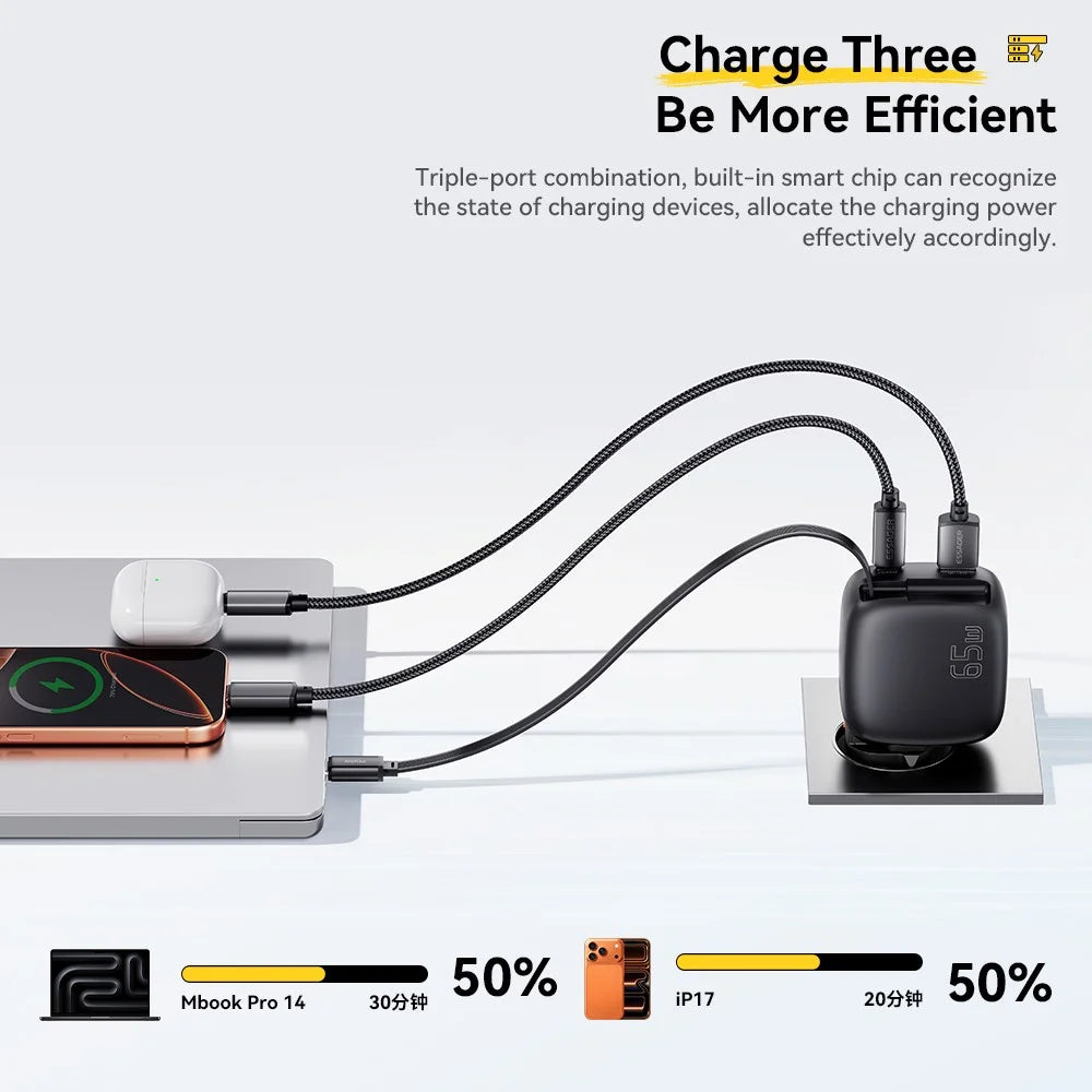 ESSAGER 65W Fast Charging GaN Travel Charger Type-C + USB-A Power Adapter with Retractable Cable - EU Plug / Black - 6
