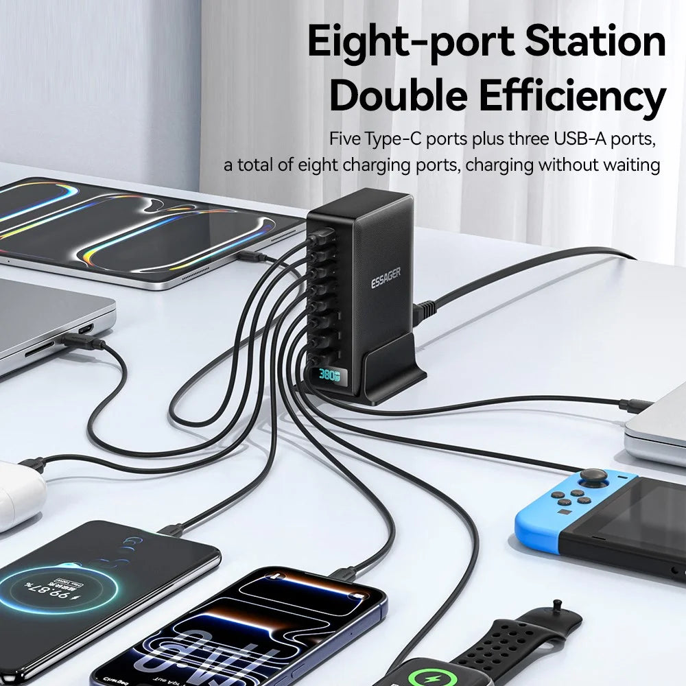 ESSAGER US Plug 100W Fast Charging GaN Desktop Charger 5 USB-C + 3 USB-A for Laptop Phone Tablet - Black - 6