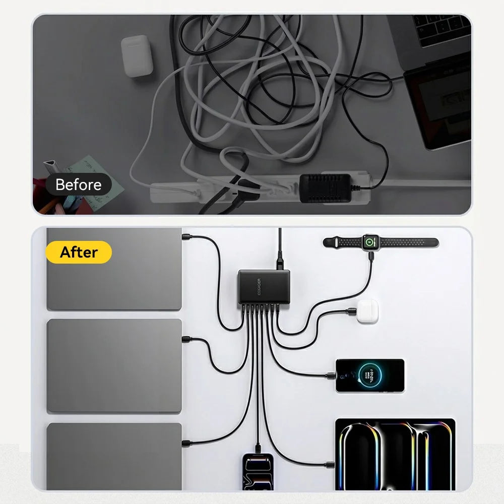 ESSAGER US Plug 100W Fast Charging GaN Desktop Charger 5 USB-C + 3 USB-A for Laptop Phone Tablet - Black - 7
