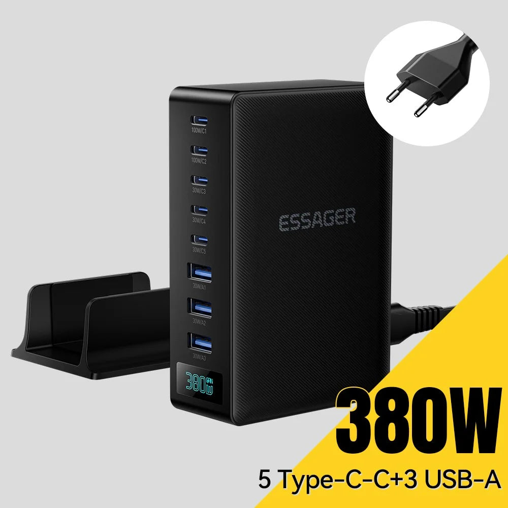 ESSAGER 100W Fast Charging GaN Desktop Charger 5 USB-C + 3 USB-A for Laptop Phone Tablet - EU Plug - 2