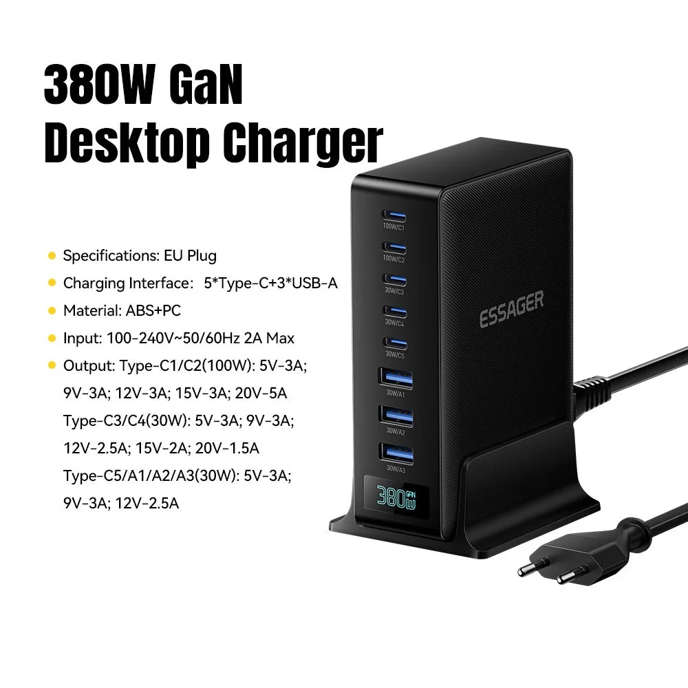 ESSAGER 100W Fast Charging GaN Desktop Charger 5 USB-C + 3 USB-A for Laptop Phone Tablet - EU Plug - 3