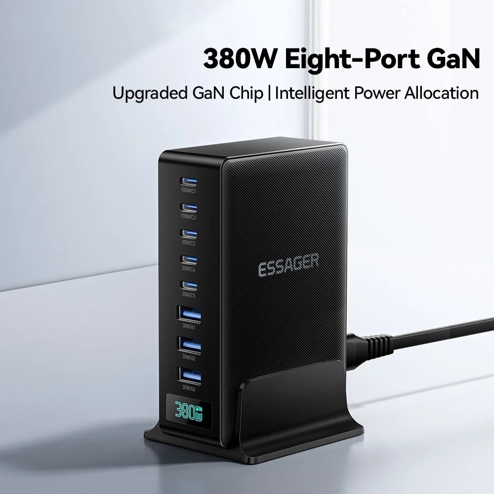 ESSAGER 100W Fast Charging GaN Desktop Charger 5 USB-C + 3 USB-A for Laptop Phone Tablet - EU Plug - 4