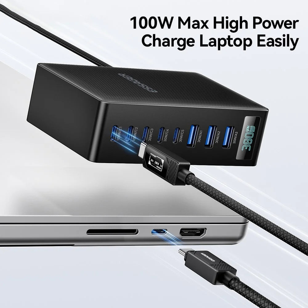 ESSAGER 100W Fast Charging GaN Desktop Charger 5 USB-C + 3 USB-A for Laptop Phone Tablet - EU Plug - 5