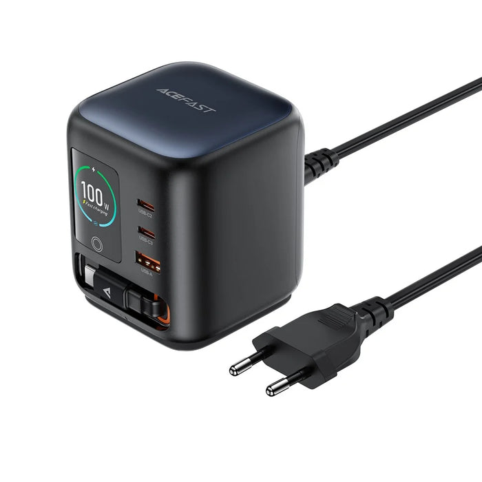 ACEFAST Z10 100W GaN Desktop Charger TFT Display 2 USB-C + USB-A 3 Ports Adapter with Retractable Cable - EU Plug - 1