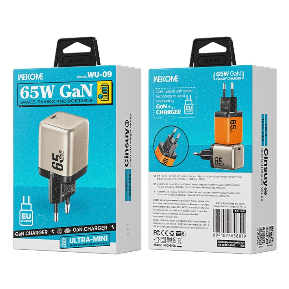 WEKOME WU-09 65W GaN Charger Type-C PD QC Fast Charging Adapter, EU Plug - Gold - 5