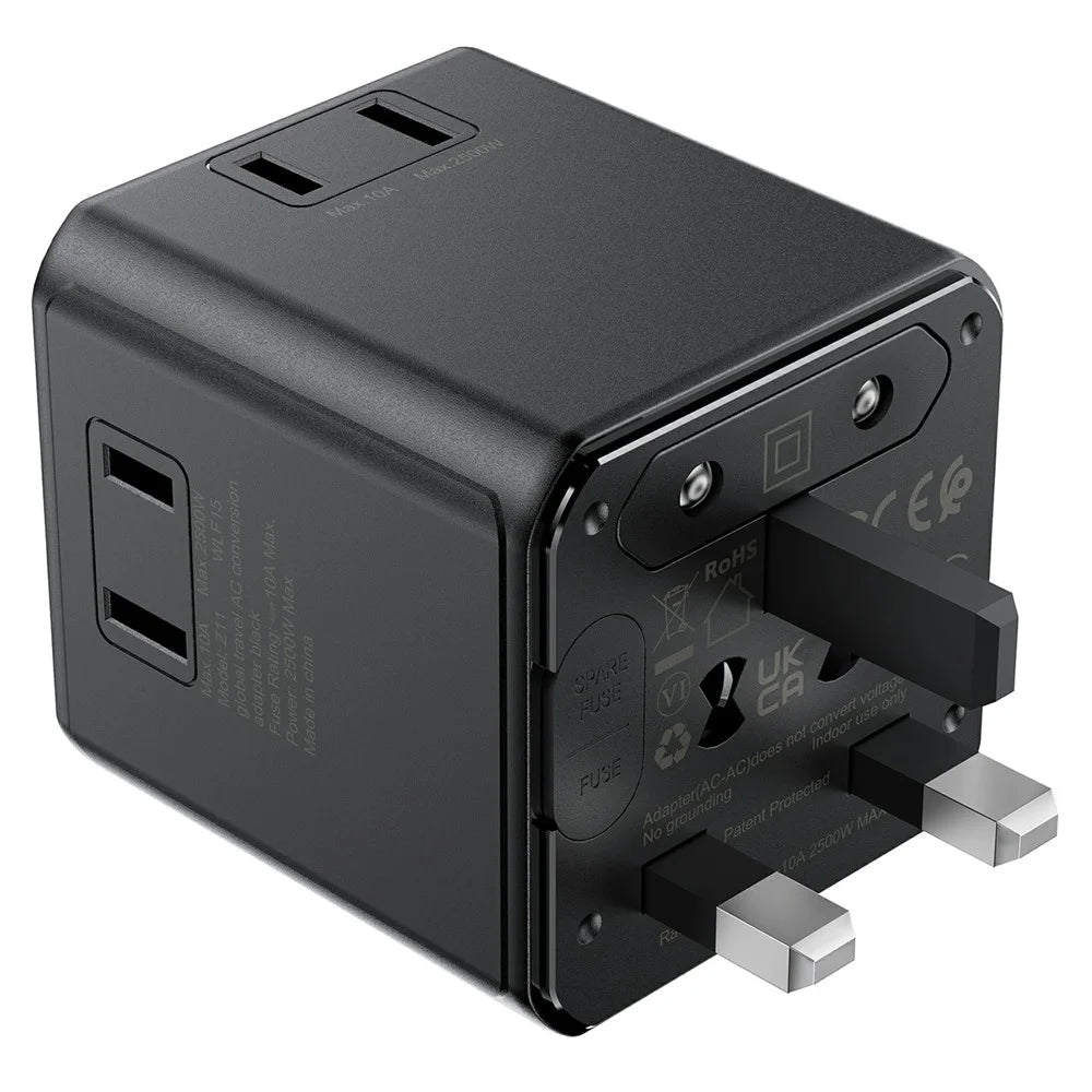 ACEFAST Z11 Global Travel AC Adapter 2500W Socket 2 USB Ports EU UK US AU Plug Converter for Travel - Black - 3