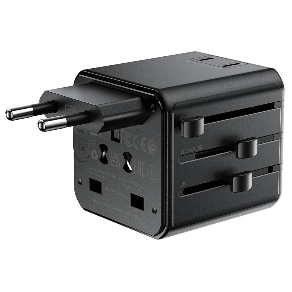 ACEFAST Z11 Global Travel AC Adapter 2500W Socket 2 USB Ports EU UK US AU Plug Converter for Travel - Black - 4