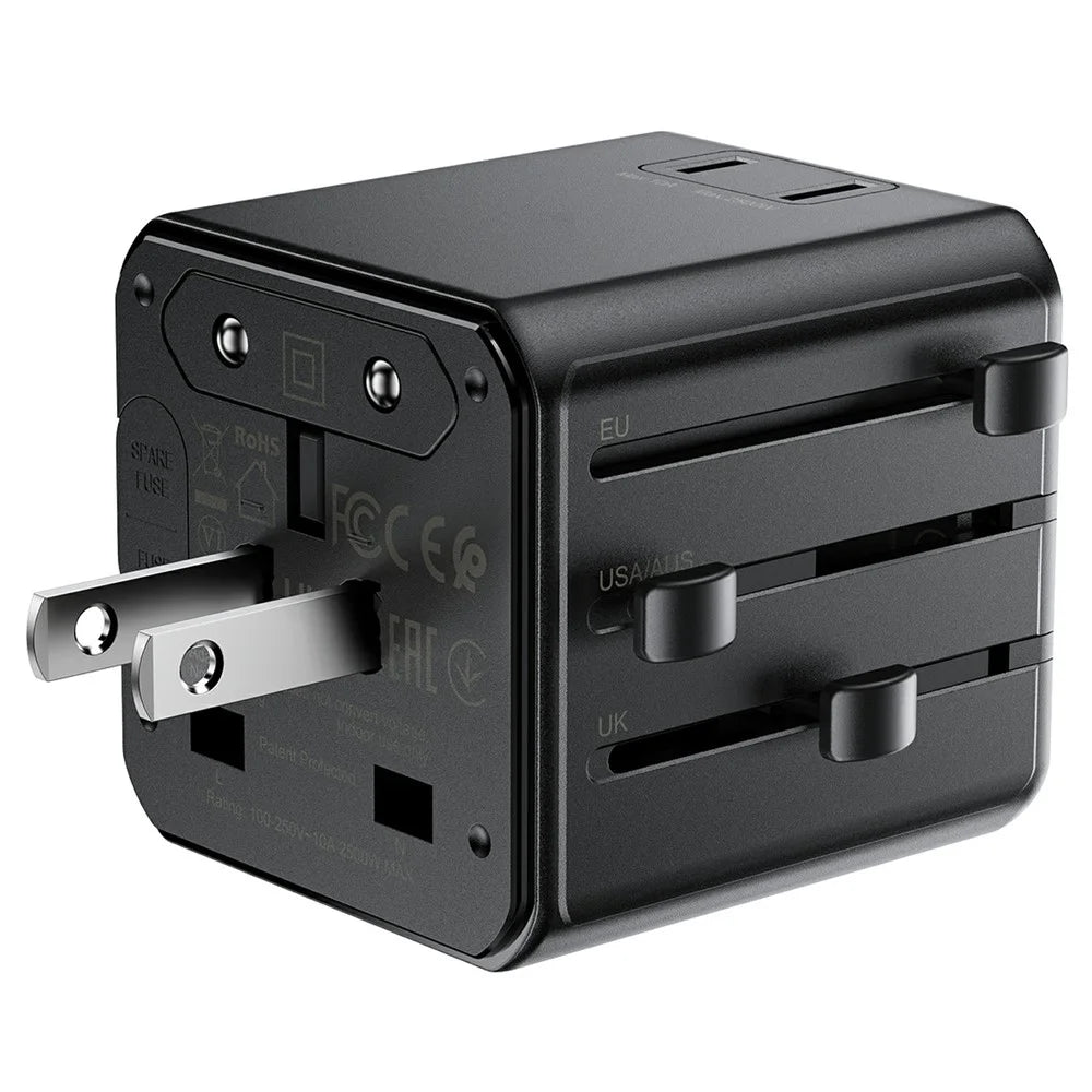 ACEFAST Z11 Global Travel AC Adapter 2500W Socket 2 USB Ports EU UK US AU Plug Converter for Travel - Black - 5