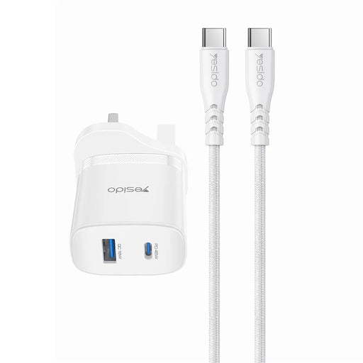 YESIDO YC156 UK Plug PD 45W USB-C + QC 18W USB-A Wall Charger Dual Port Fast Charging Adapter with 1m Type-C Cable - White - 1