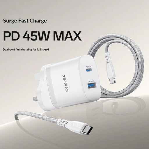 YESIDO YC156 UK Plug PD 45W USB-C + QC 18W USB-A Wall Charger Dual Port Fast Charging Adapter with 1m Type-C Cable - White - 2