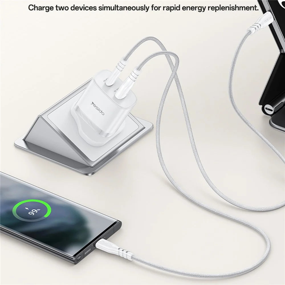 YESIDO YC156 UK Plug PD 45W USB-C + QC 18W USB-A Wall Charger Dual Port Fast Charging Adapter with 1m Type-C Cable - White - 7