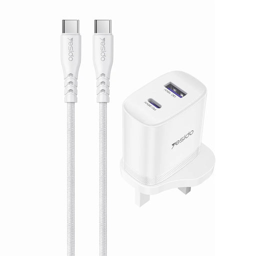 YESIDO YC154 UK Plug PD 35W USB-C + QC 18W USB-A Wall Charger Dual Port Fast Charging Adapter with 1m Type-C Cable - White - 1