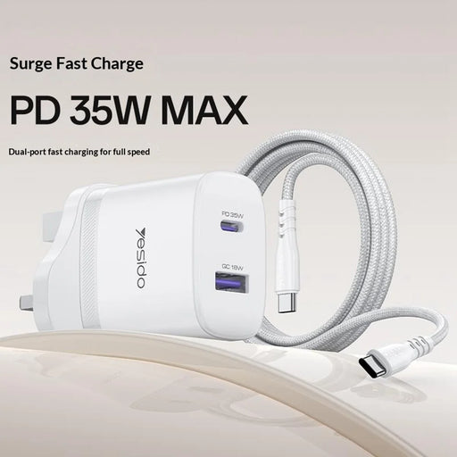 YESIDO YC154 UK Plug PD 35W USB-C + QC 18W USB-A Wall Charger Dual Port Fast Charging Adapter with 1m Type-C Cable - White - 2