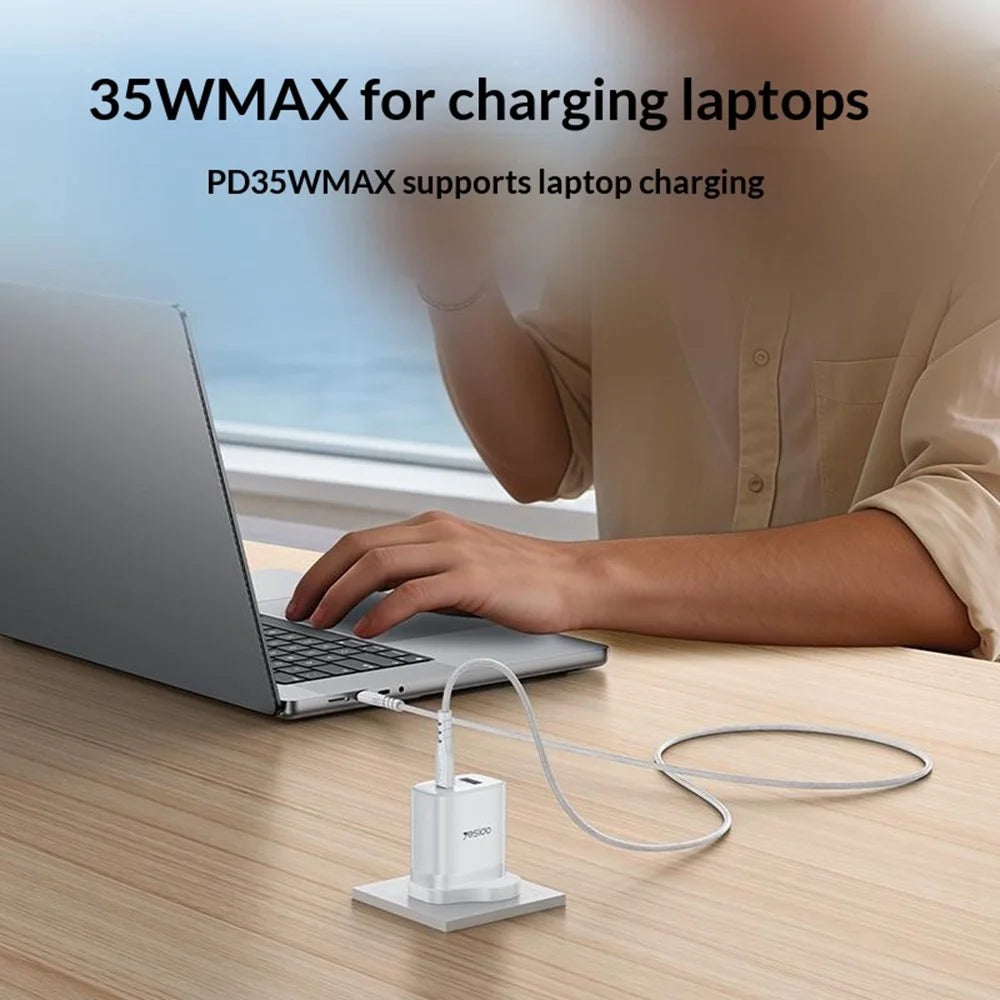 YESIDO YC154 UK Plug PD 35W USB-C + QC 18W USB-A Wall Charger Dual Port Fast Charging Adapter with 1m Type-C Cable - White - 3