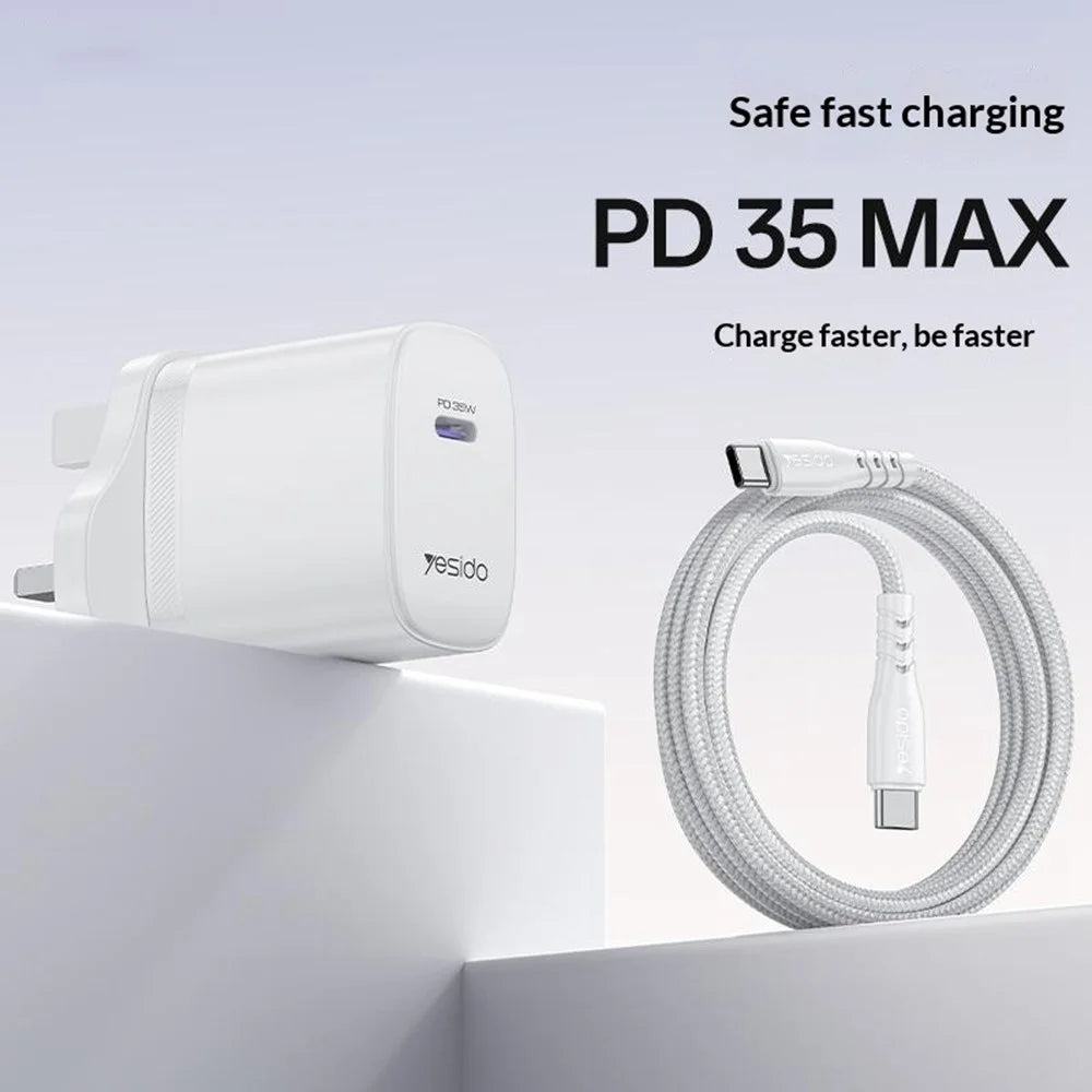YESIDO YC153 UK Plug PD 35W USB-C Wall Charger Fast Charging Adapter with 1m Type-C Cable for Laptop Phone - White - 2