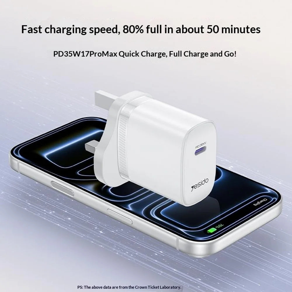 YESIDO YC153 UK Plug PD 35W USB-C Wall Charger Fast Charging Adapter with 1m Type-C Cable for Laptop Phone - White - 4