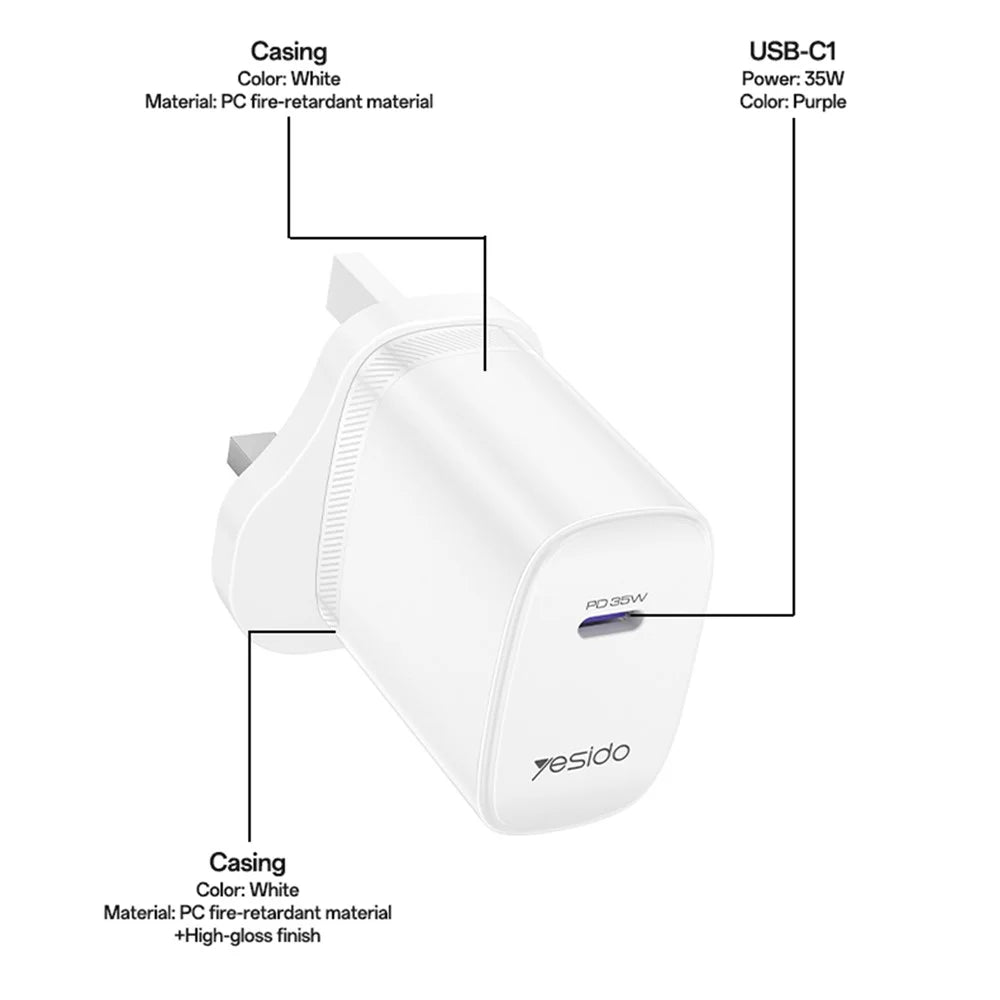 YESIDO YC153 UK Plug PD 35W USB-C Wall Charger Fast Charging Adapter with 1m Type-C Cable for Laptop Phone - White - 7