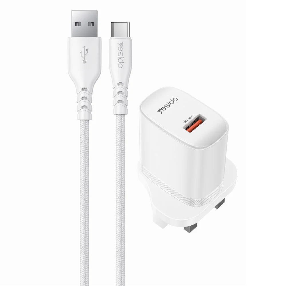 YESIDO YC157 UK Plug QC 3.0 18W USB-A Fast Charging Adapter Wall Charger with 1m USB-A to Type-C Cable - White - 1