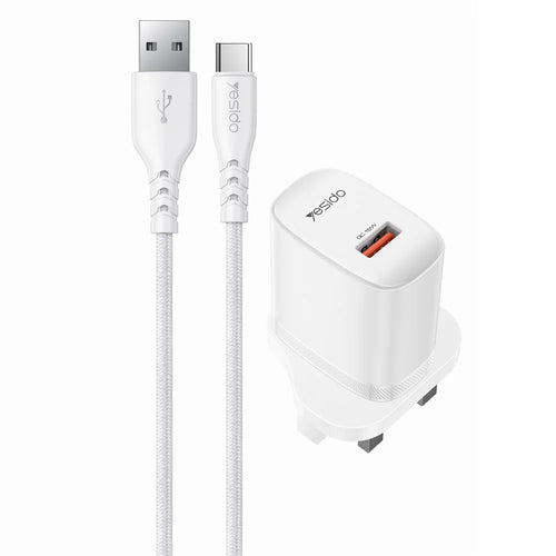 YESIDO YC157 UK Plug QC 3.0 18W USB-A Fast Charging Adapter Wall Charger with 1m USB-A to Type-C Cable - White - 1