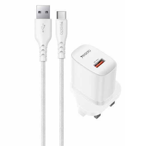 YESIDO YC157 UK Plug QC 3.0 18W USB-A Fast Charging Adapter Wall Charger with 1m USB-A to Type-C Cable - White - 1