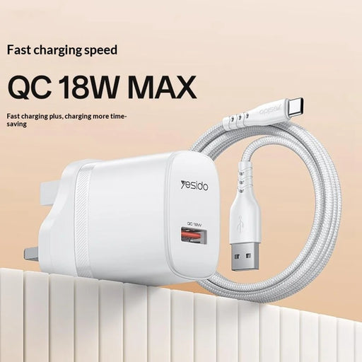 YESIDO YC157 UK Plug QC 3.0 18W USB-A Fast Charging Adapter Wall Charger with 1m USB-A to Type-C Cable - White - 2