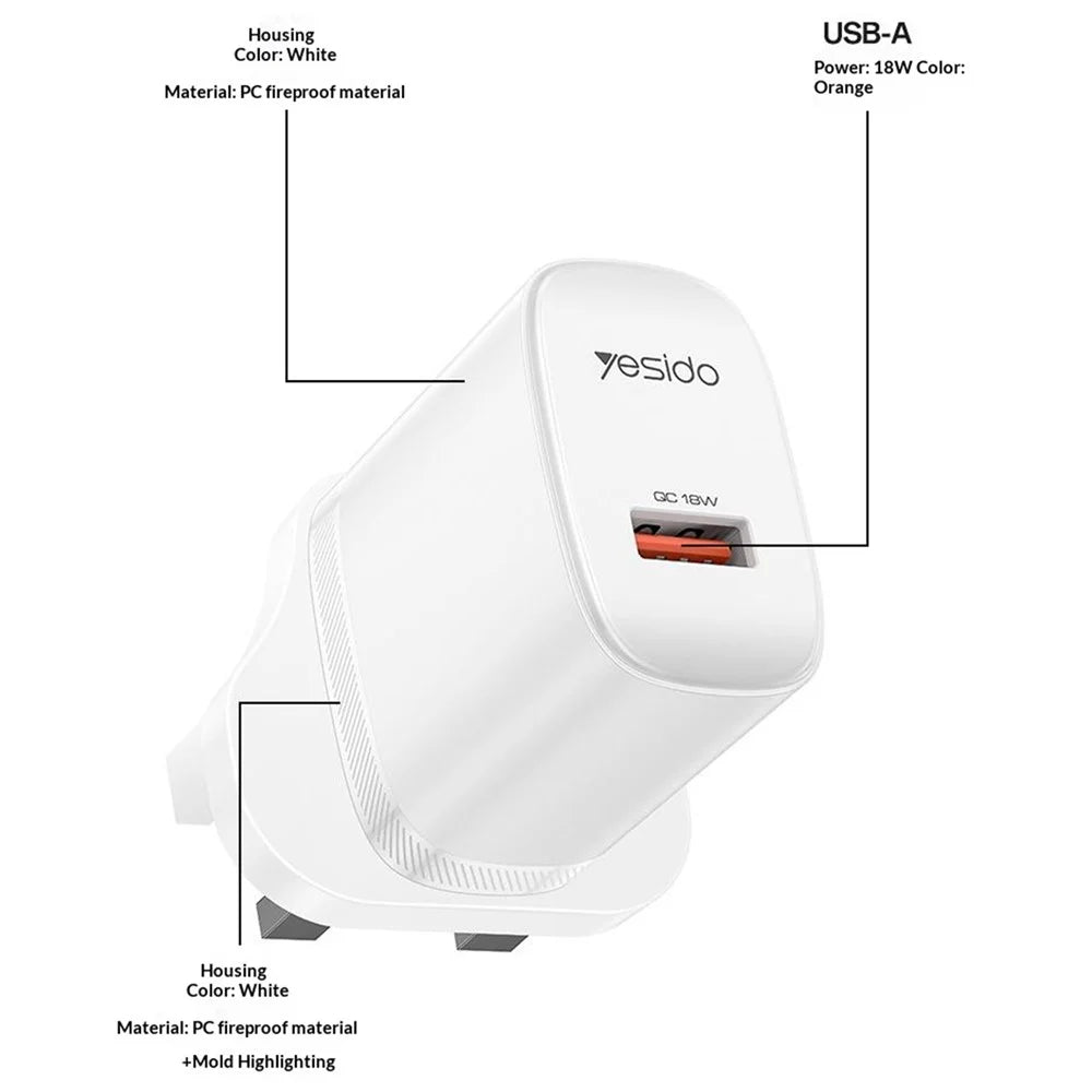 YESIDO YC157 UK Plug QC 3.0 18W USB-A Fast Charging Adapter Wall Charger with 1m USB-A to Type-C Cable - White - 7