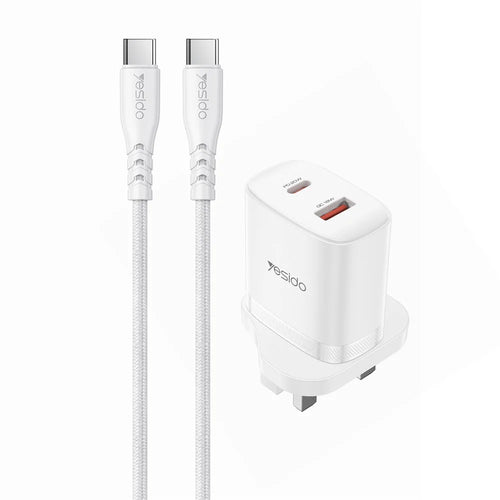 YESIDO YC152 UK Plug PD 20W USB-C + QC 18W USB-A Wall Charger Dual Port Fast Charging Adapter with 1m Type-C Cable - White - 1