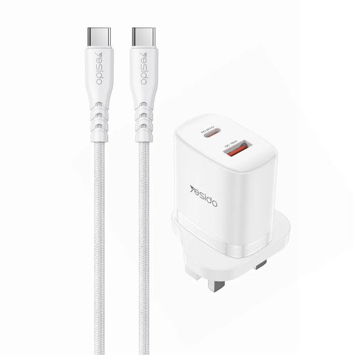 YESIDO YC152 UK Plug PD 20W USB-C + QC 18W USB-A Wall Charger Dual Port Fast Charging Adapter with 1m Type-C Cable - White - 1