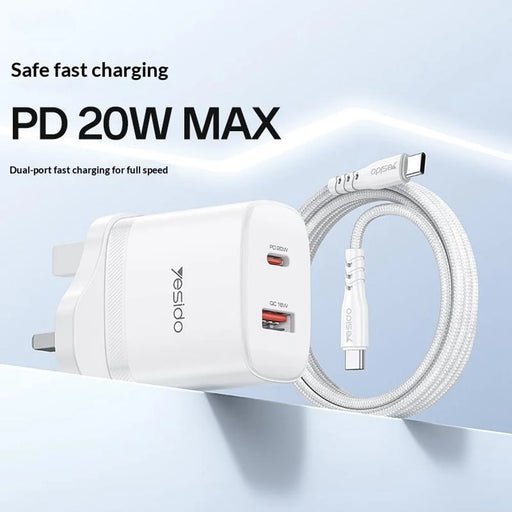 YESIDO YC152 UK Plug PD 20W USB-C + QC 18W USB-A Wall Charger Dual Port Fast Charging Adapter with 1m Type-C Cable - White - 2