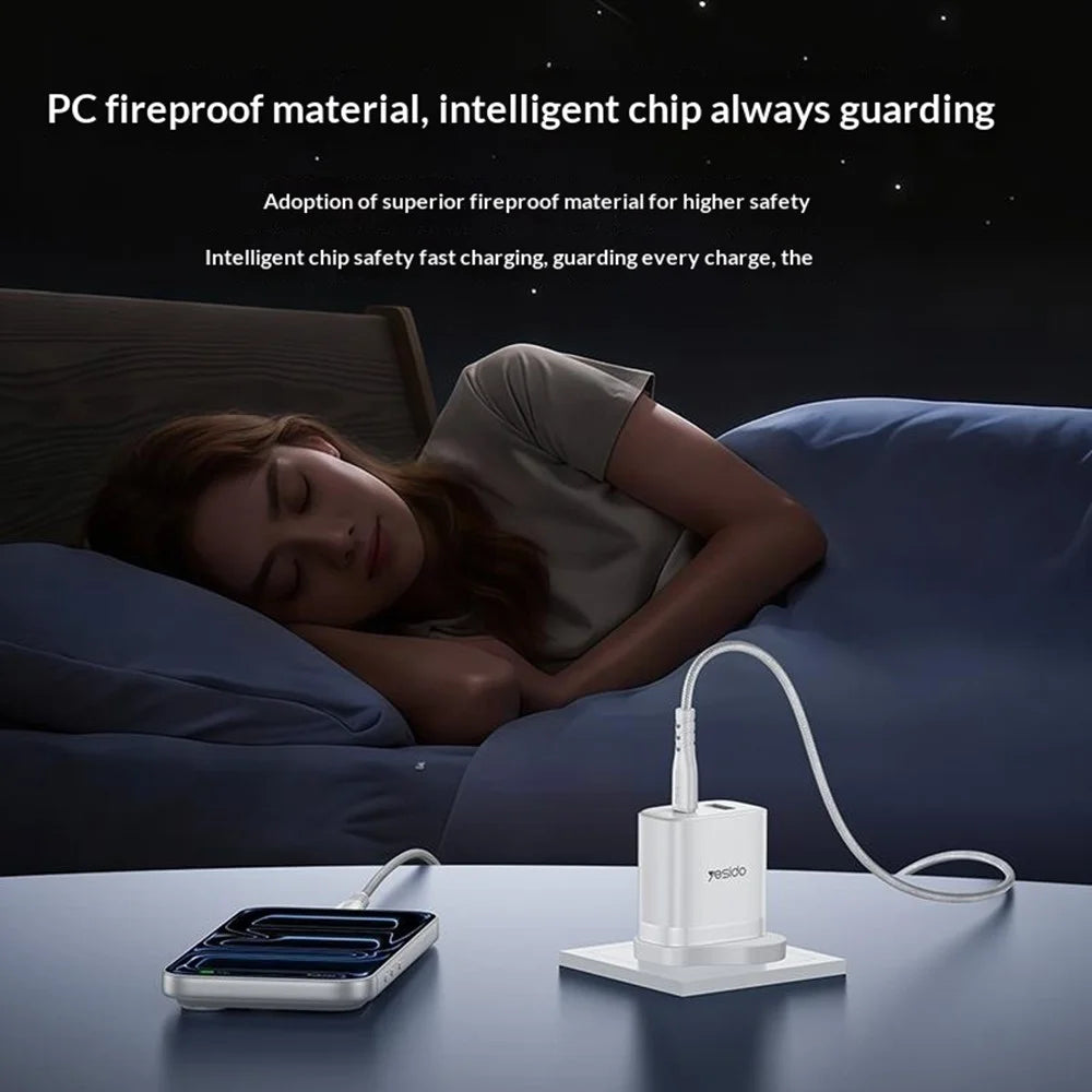 YESIDO YC152 UK Plug PD 20W USB-C + QC 18W USB-A Wall Charger Dual Port Fast Charging Adapter with 1m Type-C Cable - White - 4