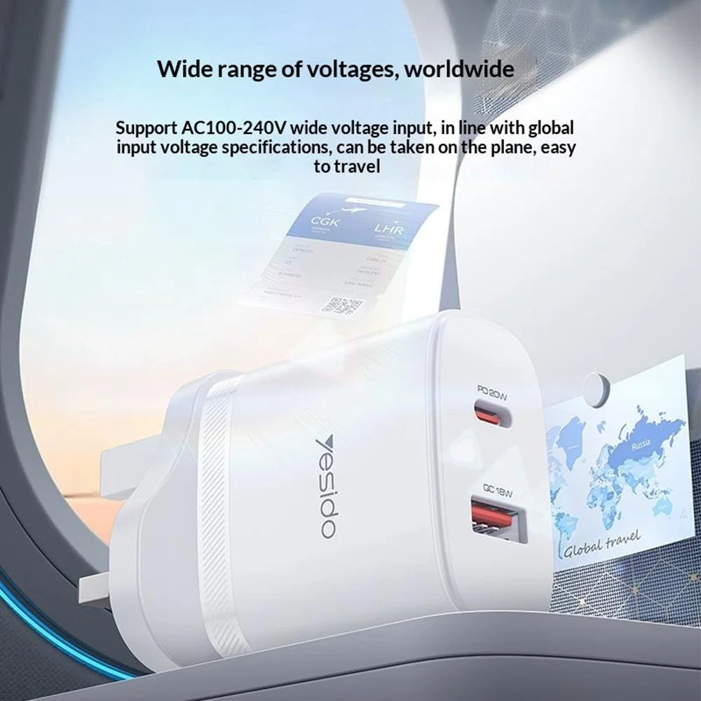 YESIDO YC152 UK Plug PD 20W USB-C + QC 18W USB-A Wall Charger Dual Port Fast Charging Adapter with 1m Type-C Cable - White - 5