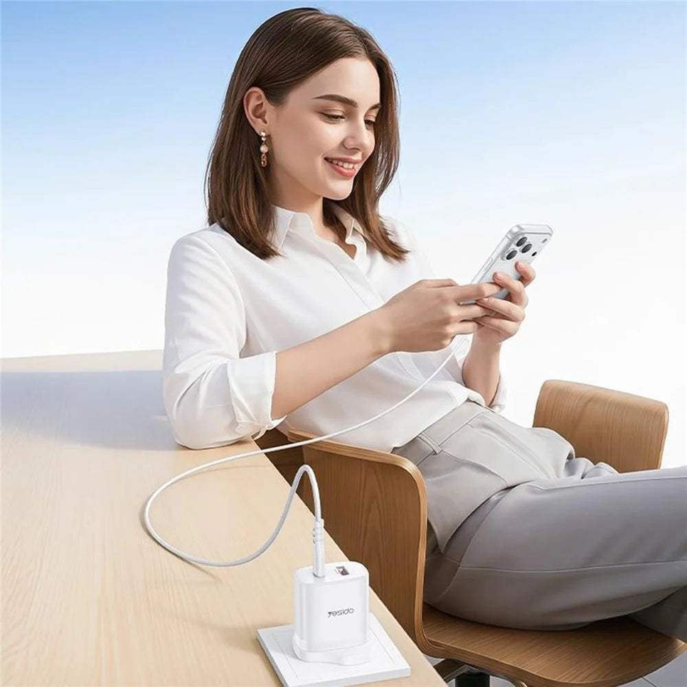 YESIDO YC152 UK Plug PD 20W USB-C + QC 18W USB-A Wall Charger Dual Port Fast Charging Adapter with 1m Type-C Cable - White - 6