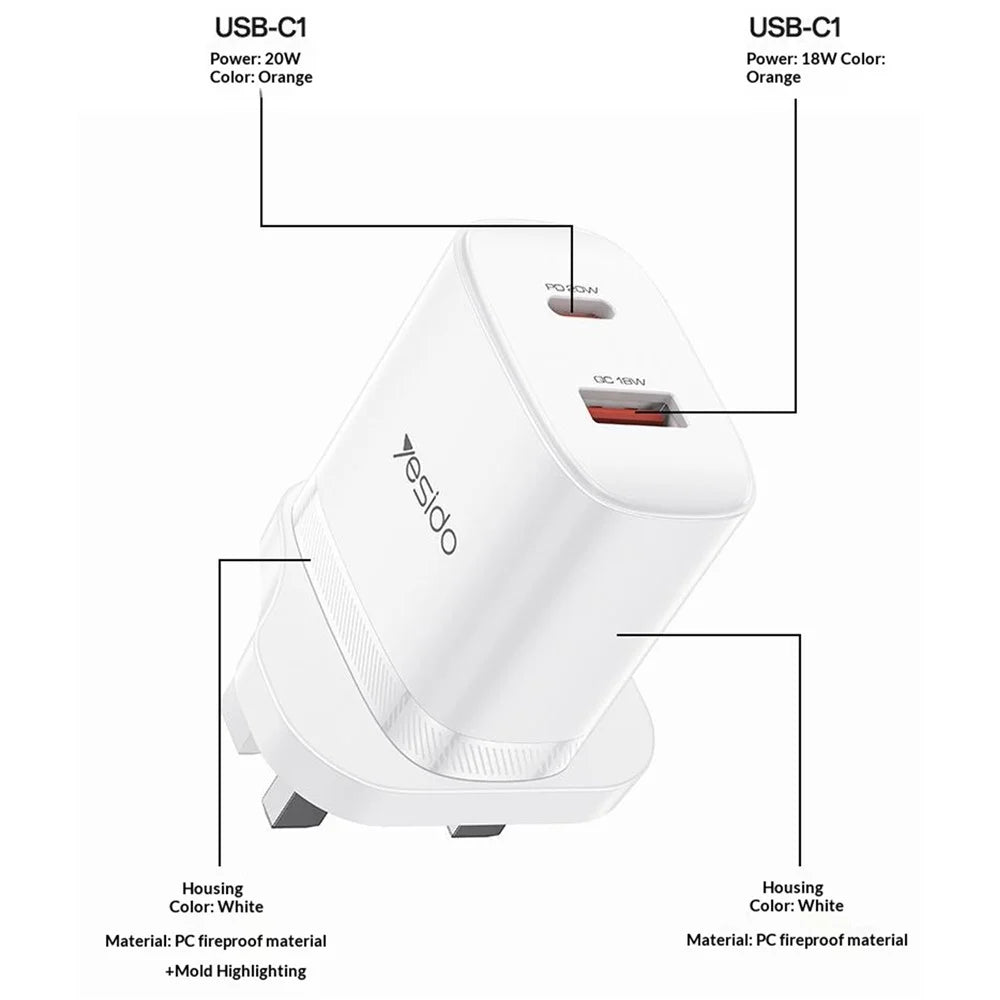YESIDO YC152 UK Plug PD 20W USB-C + QC 18W USB-A Wall Charger Dual Port Fast Charging Adapter with 1m Type-C Cable - White - 7