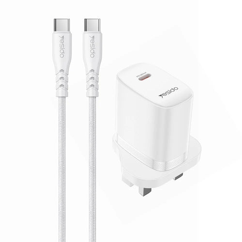 YESIDO YC151 UK Plug PD 20W USB-C Fast Charging Adapter Wall Charger with 1m Type-C Cable for iPhone iPad - White - 1