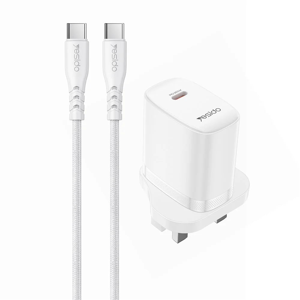 YESIDO YC151 UK Plug PD 20W USB-C Fast Charging Adapter Wall Charger with 1m Type-C Cable for iPhone iPad - White - 1