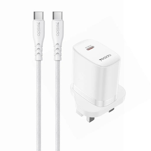 YESIDO YC151 UK Plug PD 20W USB-C Fast Charging Adapter Wall Charger with 1m Type-C Cable for iPhone iPad - White - 1