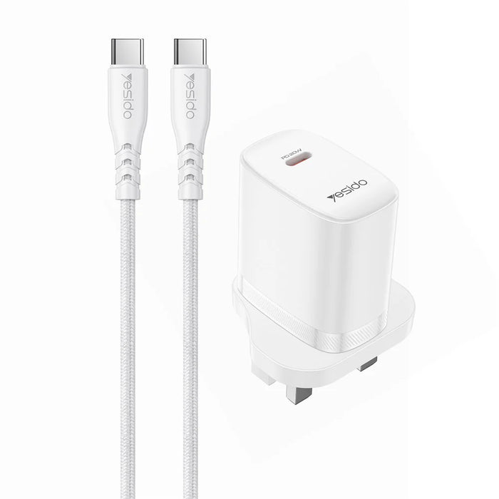 YESIDO YC151 UK Plug PD 20W USB-C Fast Charging Adapter Wall Charger with 1m Type-C Cable for iPhone iPad - White - 1