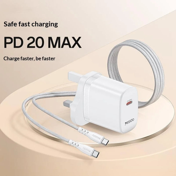YESIDO YC151 UK Plug PD 20W USB-C Fast Charging Adapter Wall Charger with 1m Type-C Cable for iPhone iPad - White - 2