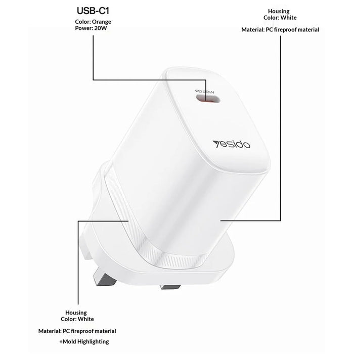 YESIDO YC151 UK Plug PD 20W USB-C Fast Charging Adapter Wall Charger with 1m Type-C Cable for iPhone iPad - White - 7