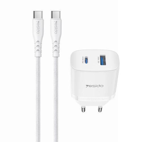 YESIDO YC110 EU Plug PD 45W USB-C + QC 18W USB-A Wall Charger Dual Port Fast Charging Adapter with 1m Type-C Cable - White - 1