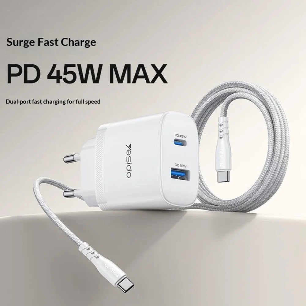 YESIDO YC110 EU Plug PD 45W USB-C + QC 18W USB-A Wall Charger Dual Port Fast Charging Adapter with 1m Type-C Cable - White - 2