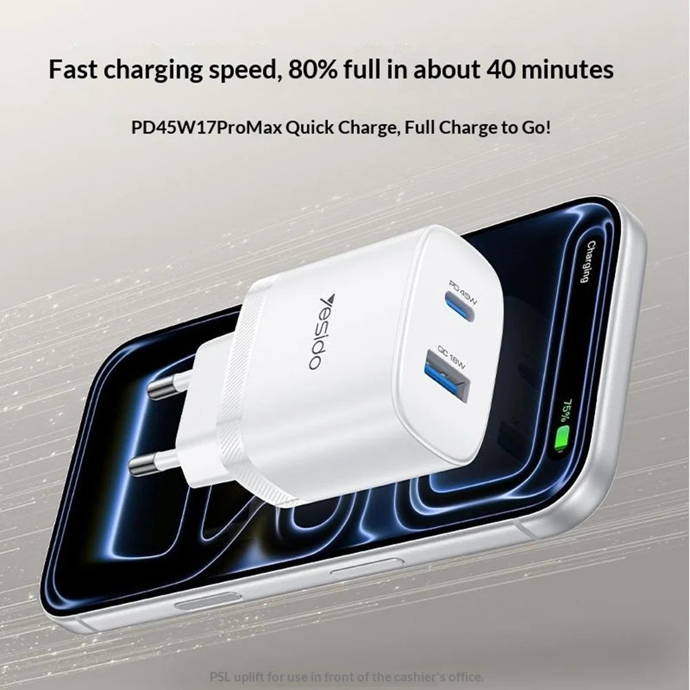 YESIDO YC110 EU Plug PD 45W USB-C + QC 18W USB-A Wall Charger Dual Port Fast Charging Adapter with 1m Type-C Cable - White - 4