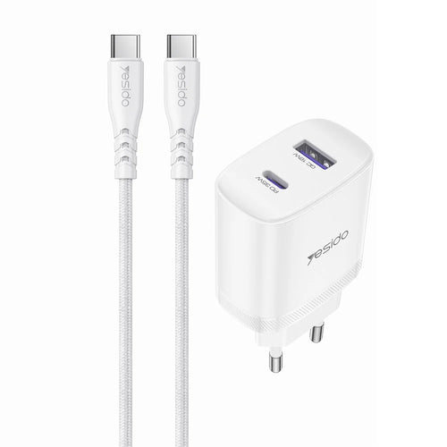 YESIDO YC108 EU Plug PD 35W USB-C + QC 18W USB-A Wall Charger Dual Port Fast Charging Adapter with 1m Type-C Cable - White - 1