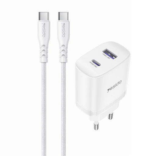 YESIDO YC108 EU Plug PD 35W USB-C + QC 18W USB-A Wall Charger Dual Port Fast Charging Adapter with 1m Type-C Cable - White - 1