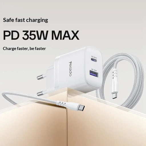 YESIDO YC108 EU Plug PD 35W USB-C + QC 18W USB-A Wall Charger Dual Port Fast Charging Adapter with 1m Type-C Cable - White - 2