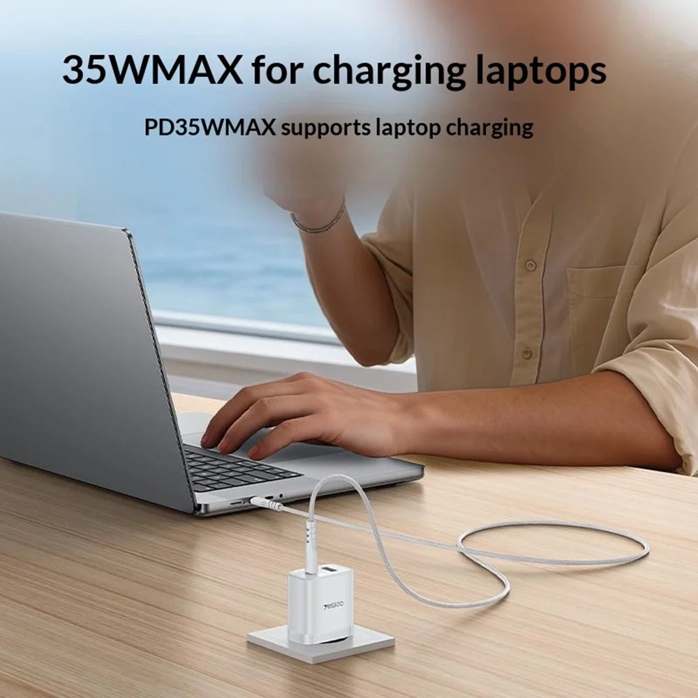 YESIDO YC108 EU Plug PD 35W USB-C + QC 18W USB-A Wall Charger Dual Port Fast Charging Adapter with 1m Type-C Cable - White - 3