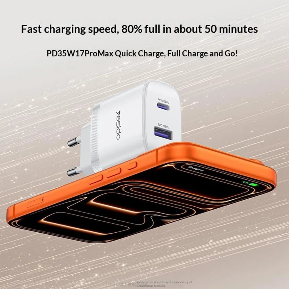 YESIDO YC108 EU Plug PD 35W USB-C + QC 18W USB-A Wall Charger Dual Port Fast Charging Adapter with 1m Type-C Cable - White - 4