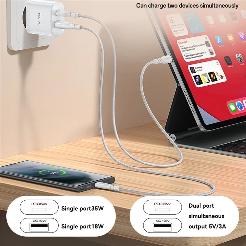YESIDO YC108 EU Plug PD 35W USB-C + QC 18W USB-A Wall Charger Dual Port Fast Charging Adapter with 1m Type-C Cable - White - 7