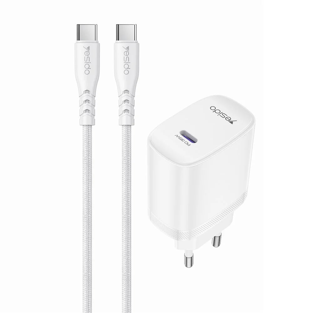 YESIDO YC107 EU Plug PD 35W USB-C Wall Charger Fast Charging Adapter with 1m Type-C Cable for Laptop Phone - White - 1